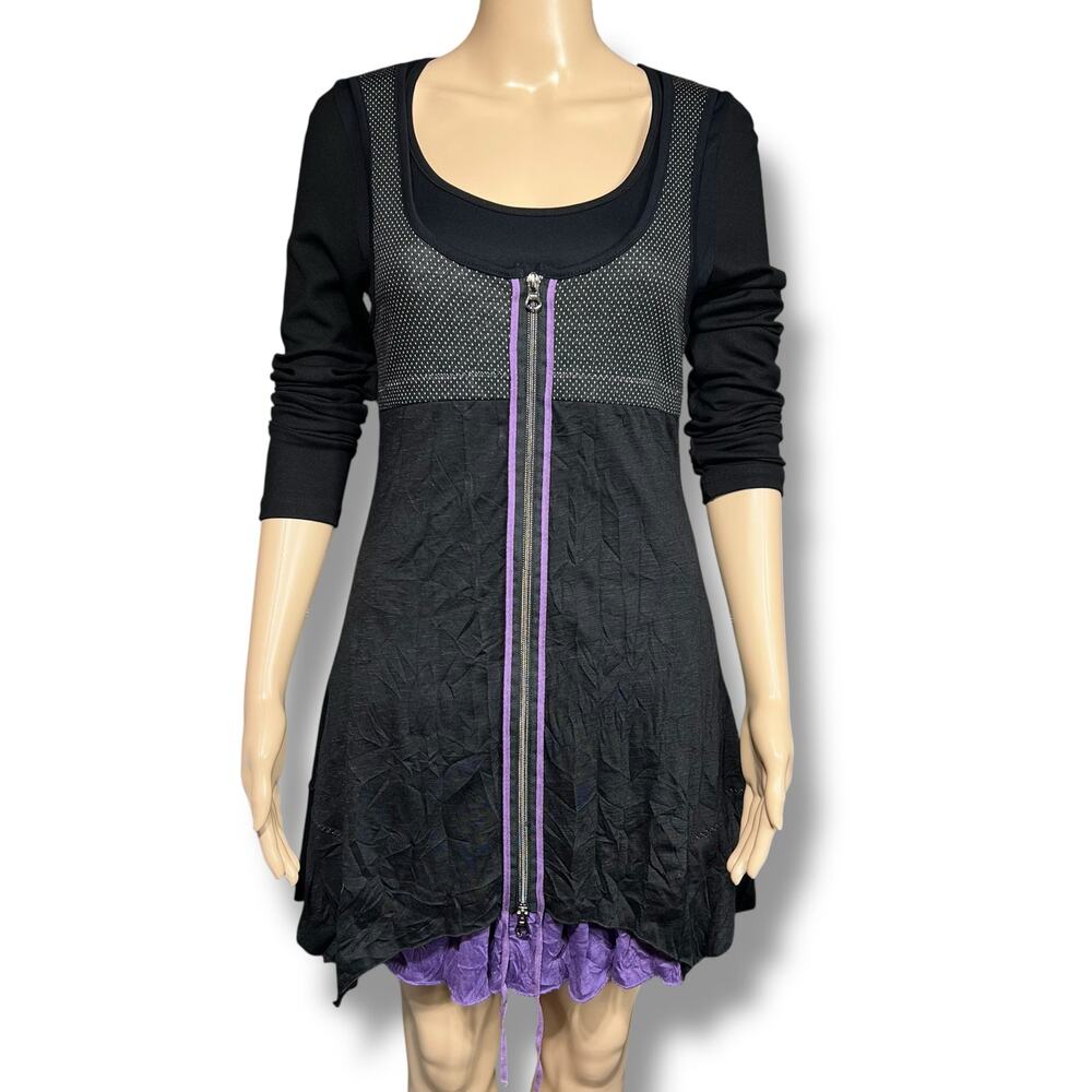 NWT Tricotto Tunic Top Small Black Purple Zip Front Whimsygoth Boho Fairy Grunge